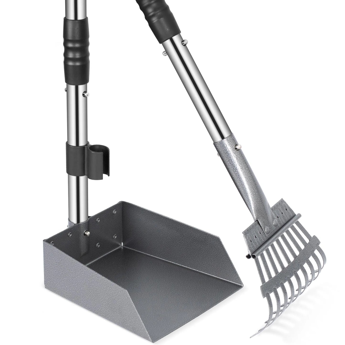 Dog Pooper Scooper, Dog Poop Tray and Rake Set,  with Long Adjustable Sectional Stainless Handles