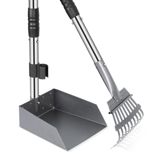 Dog Pooper Scooper, Dog Poop Tray and Rake Set,  with Long Adjustable Sectional Stainless Handles