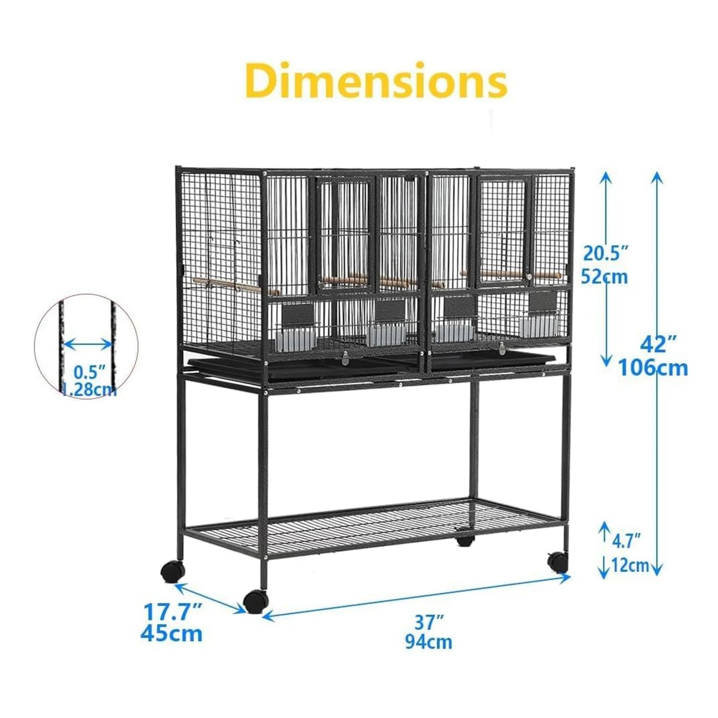 Breeding Flight Bird Cage with Detachable Rolling Stand, Perches, Food Boxes, Slide-Out Tray, and Storage Shelf