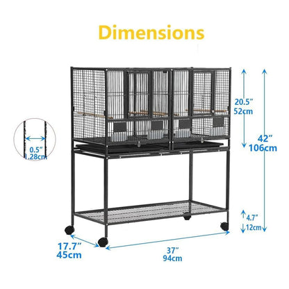 Breeding Flight Bird Cage with Detachable Rolling Stand, Perches, Food Boxes, Slide-Out Tray, and Storage Shelf