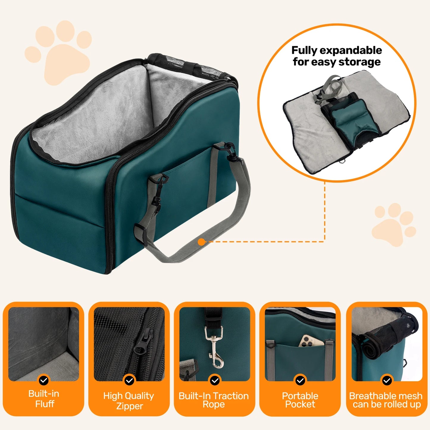 Removable and Washable Car Comfortable Pet Seat for Small Dogs and Cats - Portable Center Console Travel Bed