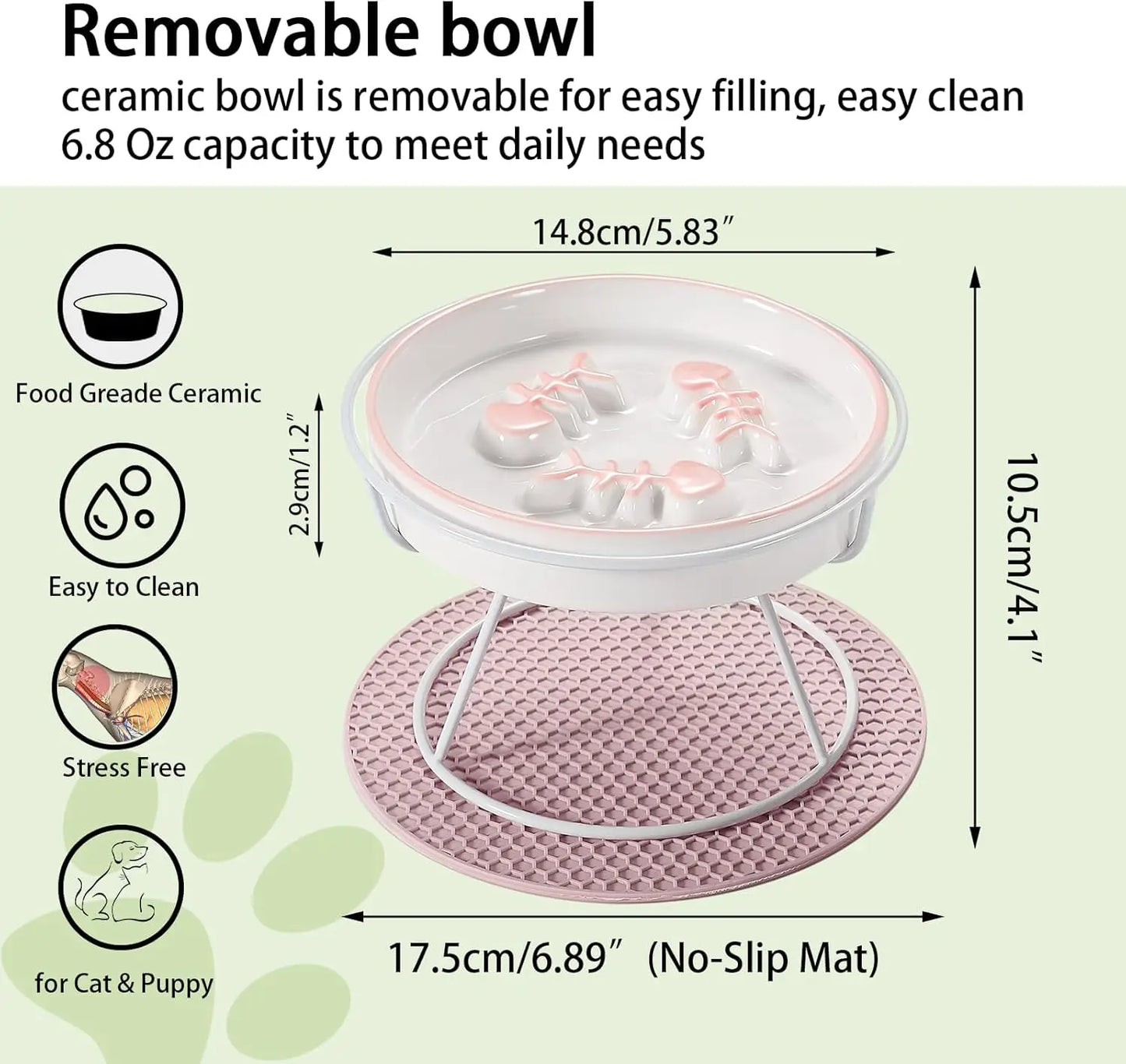 Elevated Ceramic Slow Feeder Bowl for Cats and Dogs, Reduces Vomiting and Choking, Whisker-Friendly Design