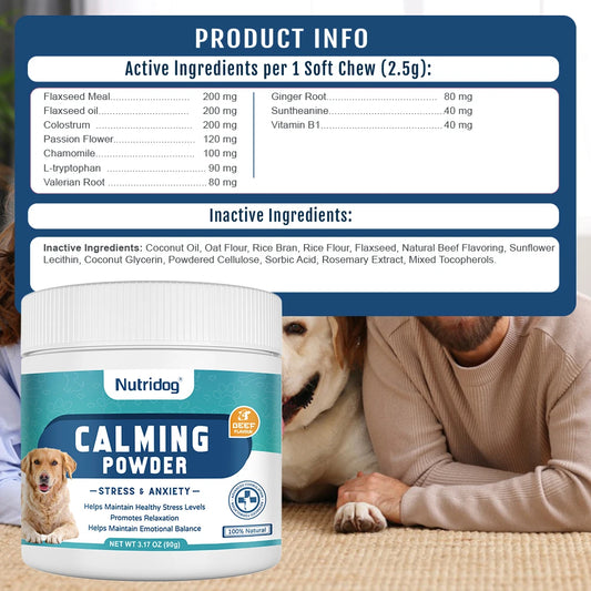 Dog Calming Supplement Powder Anxiety Relief Chamomile Powder for Dog Thunderstorm Separation Anxiety Soothes