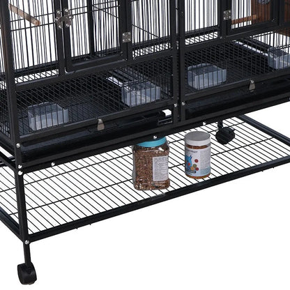 Breeding Flight Bird Cage with Detachable Rolling Stand, Perches, Food Boxes, Slide-Out Tray, and Storage Shelf