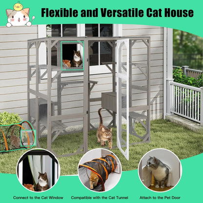 Outdoor Cat Enclosure, Large Wooden Cat House with 5 Platforms for Multiple Cats