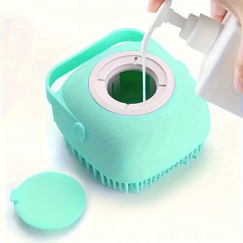 Pet Massage Brush Shampoo Dispenser, Soft Silicone Brush, Rubber Bristle for Dogs and Cats, Shower Grooming Tool