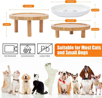 Elevated Ceramic Cat Bowls with Bamboo Stand, Whisker Friendly Pet Feeding, Dishes for Indoor Cats