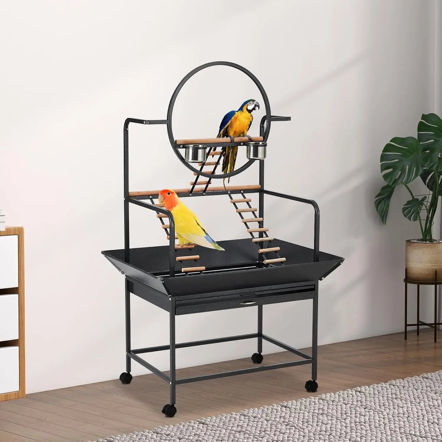 66" Extra Tall Bird Play Stand With Lockable Wheels, Heavy-Duty Metal Activity Center For Parrots , Conures  and Cockatiels