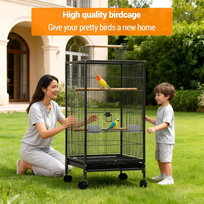 Large Bird Cage, Play Open Top Budgie Cage with Rolling Stand, Slide-Out Tray, Water Bottle Feeder