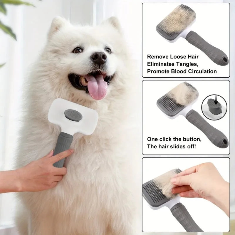 Pet Grooming Brush with One-Click Hair Removal, Bent Needle, Massaging Comb for Dogs & Cats
