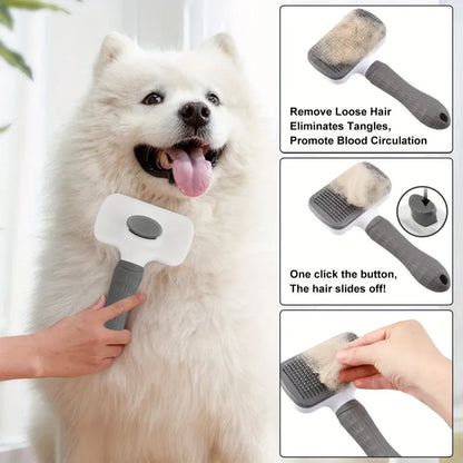 Pet Grooming Brush with One-Click Hair Removal, Bent Needle, Massaging Comb for Dogs & Cats