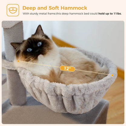 Cat tree and Tower for Indoor with Scratching Posts, Big Hammock, and Removable Top Perch.