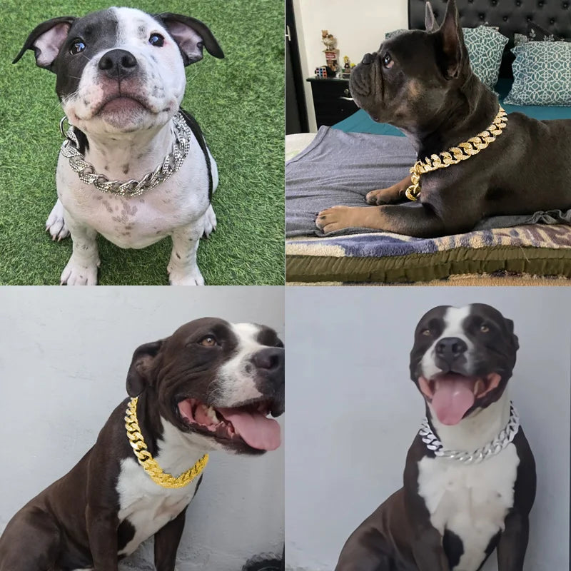 Plastic Dog Collar Chain, Diamond Inlay Sparkle Bulldog Necklace, Cat Collars, Pet Accessories, Small, Medium, Large Dogs, Golden