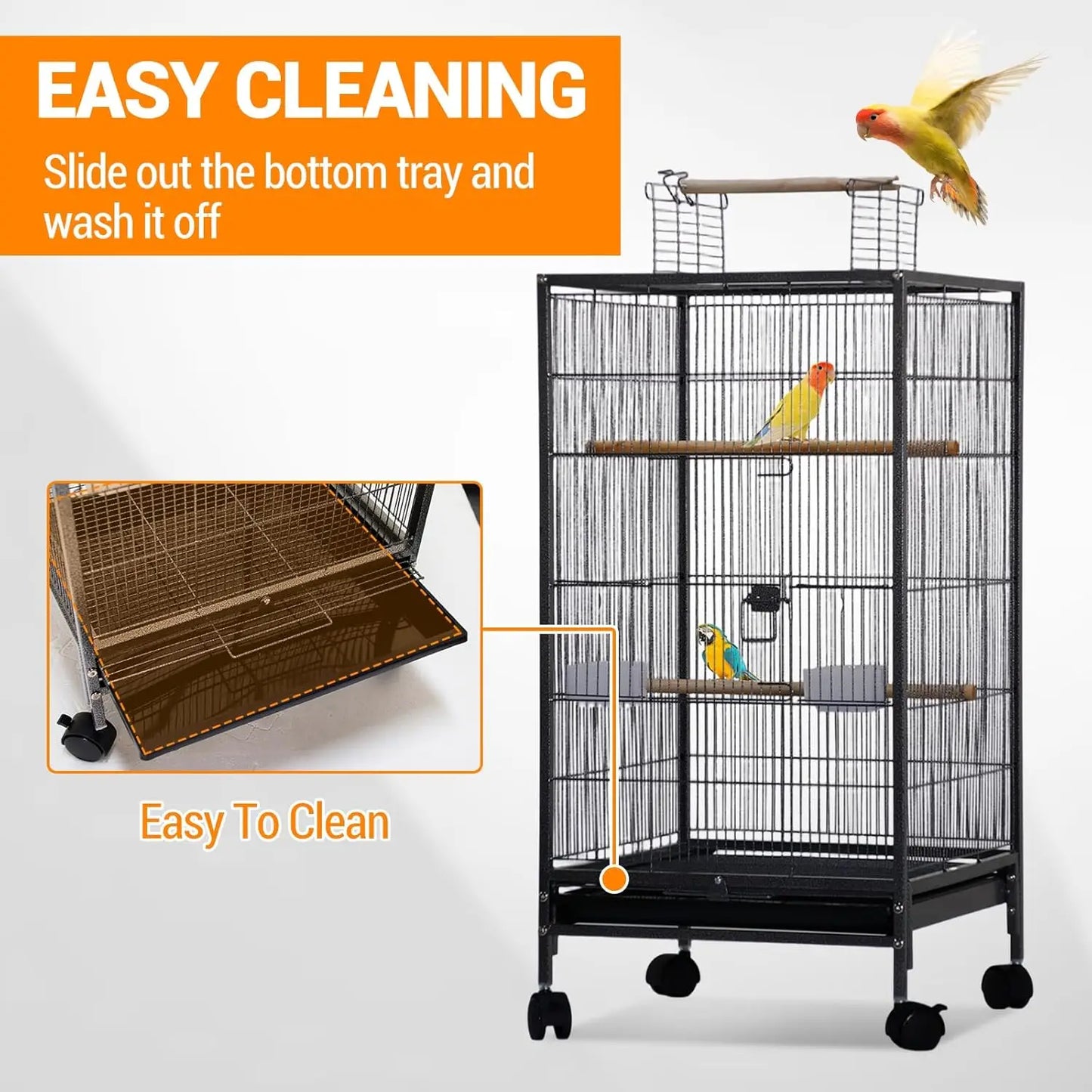 Large Bird Cage, Play Open Top Budgie Cage with Rolling Stand, Slide-Out Tray, Water Bottle Feeder