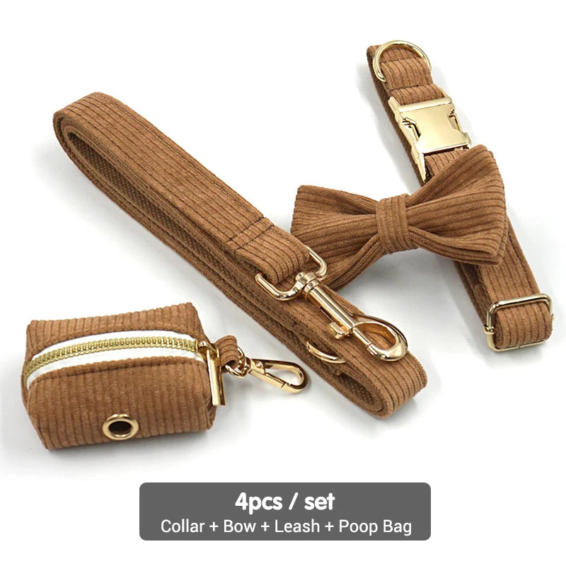 Brown Corduroy Dog Harness and Leash Set Luxury Designer Personalized Collar for Small Large Dogs Walking Lead Set with Poop Bag