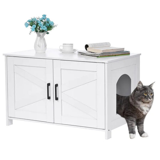 Cat Litter Box Enclosure, Wooden Washroom, Furniture with Barn Door