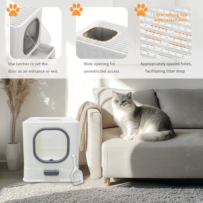 Cat Litter Box with Lid, Enclosed Cat Potty, Top Entry Anti-Splashing,  Easy to Clean with Cat Litter Scoop