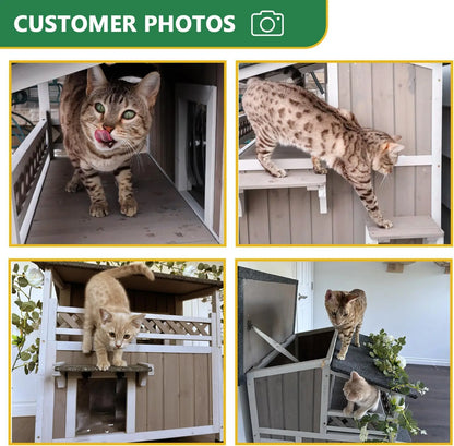 Two Story Outdoor Weatherproof Wooden Cat House