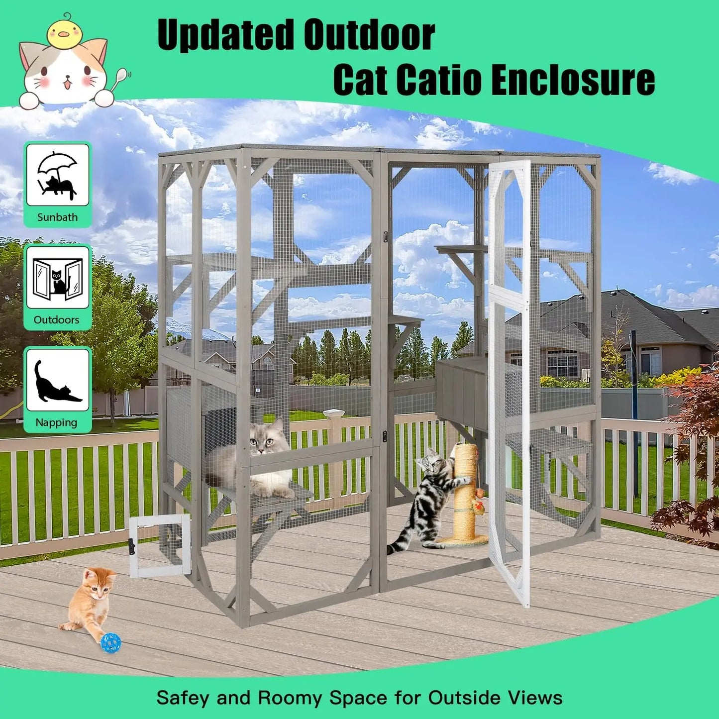Outdoor Cat Enclosure, Large Wooden Cat House with 5 Platforms for Multiple Cats