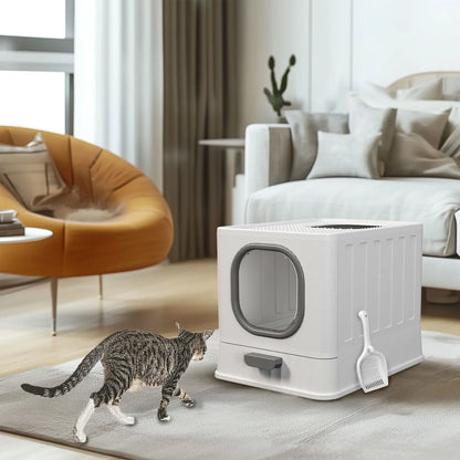 Cat Litter Box with Lid, Enclosed Cat Potty, Top Entry Anti-Splashing,  Easy to Clean with Cat Litter Scoop