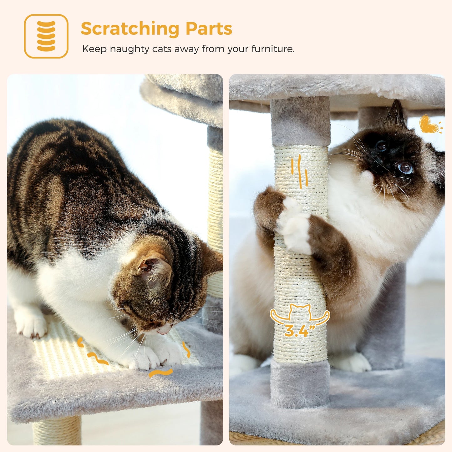 Cat tree and Tower for Indoor with Scratching Posts, Big Hammock, and Removable Top Perch.