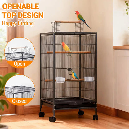 Large Bird Cage, Play Open Top Budgie Cage with Rolling Stand, Slide-Out Tray, Water Bottle Feeder