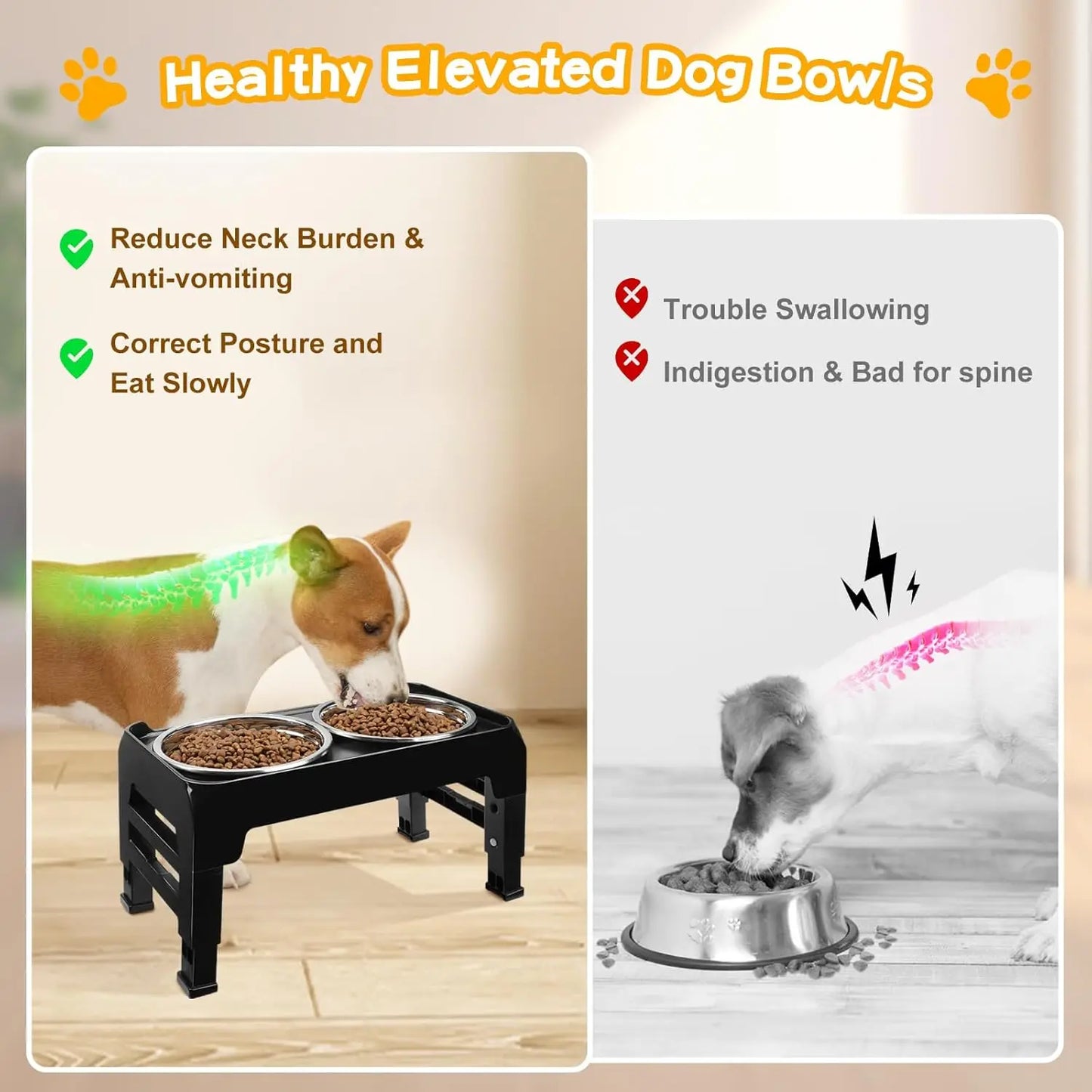 Adjustable Height Elevated Dog Bowls for Small Medium Dogs, 3-Level Stand with 2 Stainless Steel Bowls, Non-Slip Feeder in Black