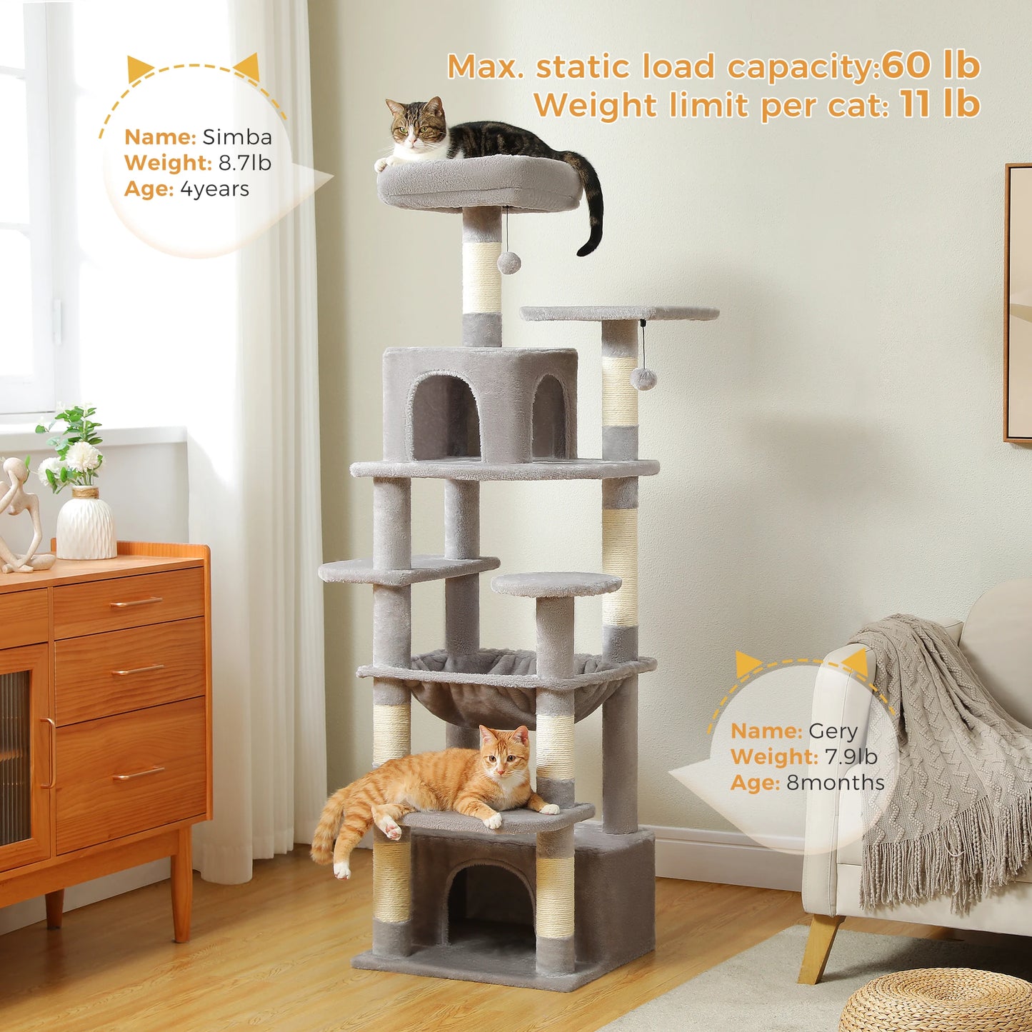 Large Cat Tree and Tower for Indoor Cats With Sisal-Covered Scratching Posts, Spacious Hammock, Padded Perches and Condos Cat Toys