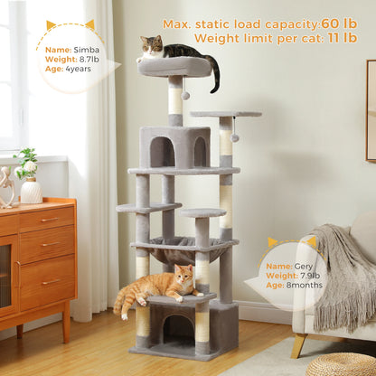 Large Cat Tree and Tower for Indoor Cats With Sisal-Covered Scratching Posts, Spacious Hammock, Padded Perches and Condos Cat Toys