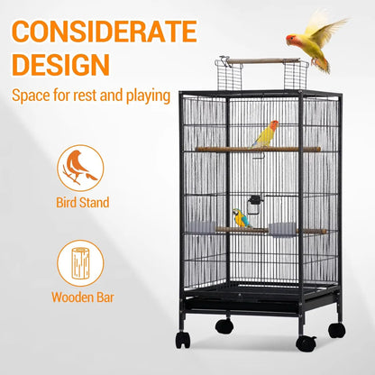 Large Bird Cage, Play Open Top Budgie Cage with Rolling Stand, Slide-Out Tray, Water Bottle Feeder