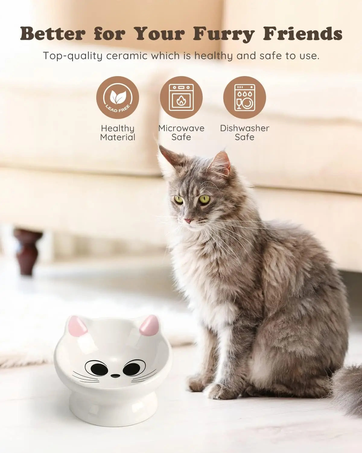 2-Piece Ceramic Raised Cat Food Bowl with 15° Tilt for Spine Health, Anti-Vomiting, Pink