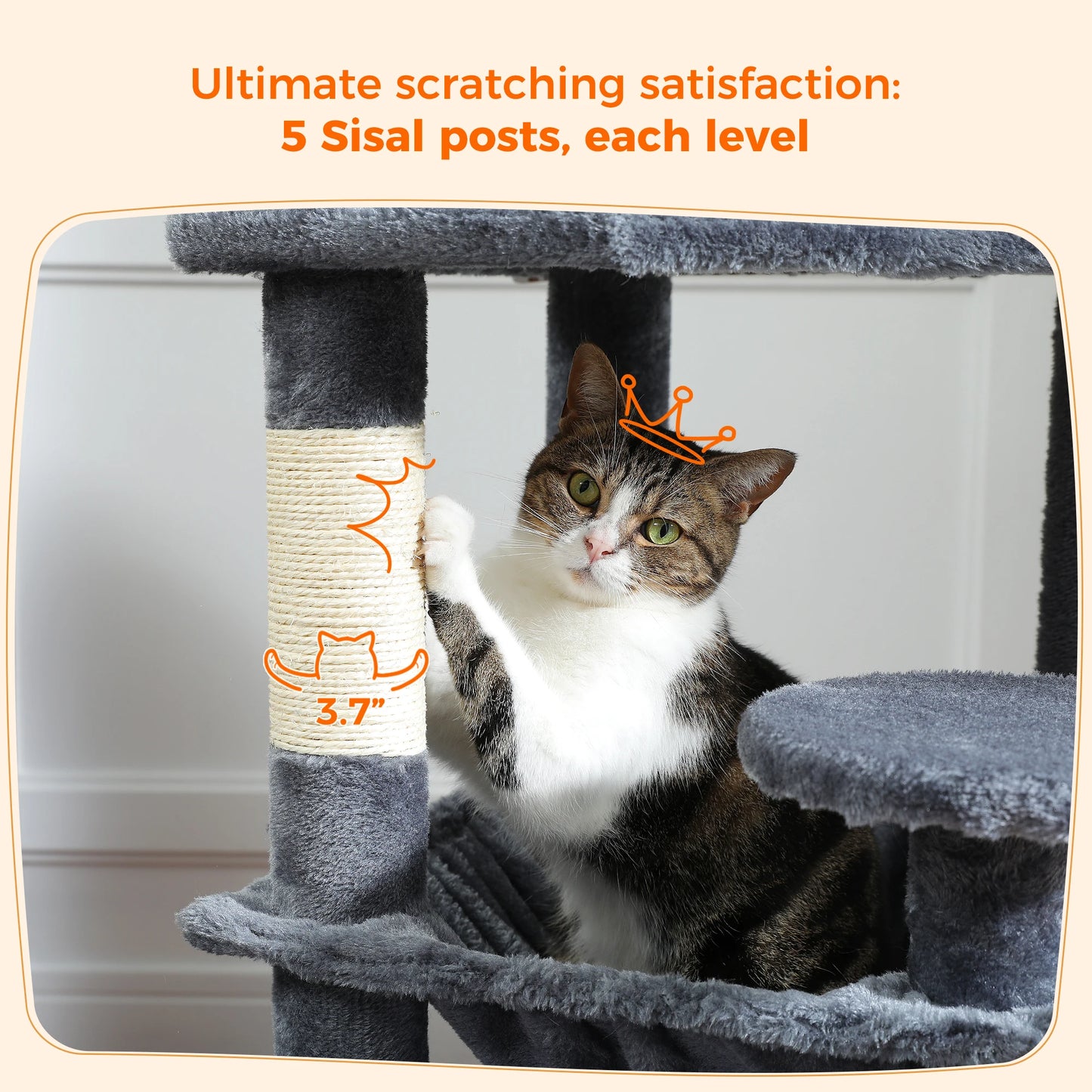 Large Cat Tree and Tower for Indoor Cats With Sisal-Covered Scratching Posts, Spacious Hammock, Padded Perches and Condos Cat Toys