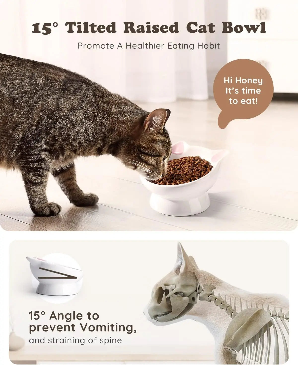 2-Piece Ceramic Raised Cat Food Bowl with 15° Tilt for Spine Health, Anti-Vomiting, Pink