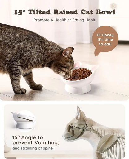 2-Piece Ceramic Raised Cat Food Bowl with 15° Tilt for Spine Health, Anti-Vomiting, Pink