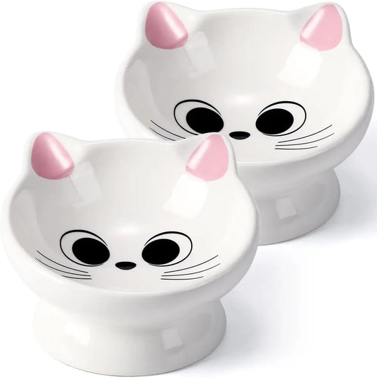 2-Piece Ceramic Raised Cat Food Bowl with 15° Tilt for Spine Health, Anti-Vomiting, Pink