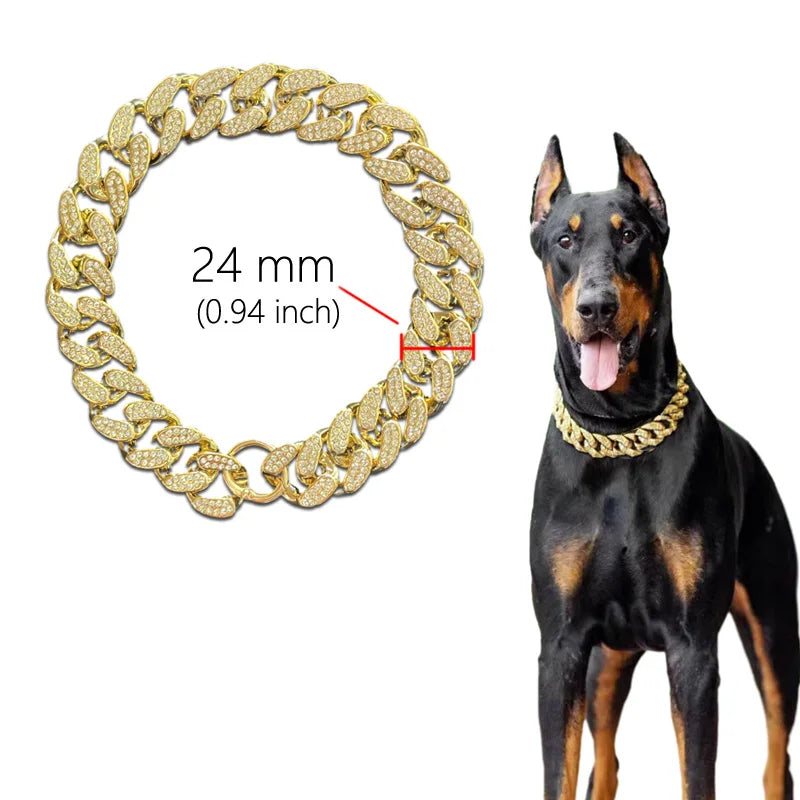 Plastic Dog Collar Chain, Diamond Inlay Sparkle Bulldog Necklace, Cat Collars, Pet Accessories, Small, Medium, Large Dogs, Golden