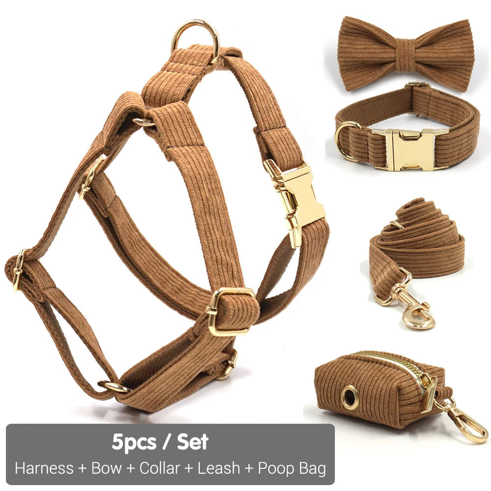 Brown Corduroy Dog Harness and Leash Set Luxury Designer Personalized Collar for Small Large Dogs Walking Lead Set with Poop Bag