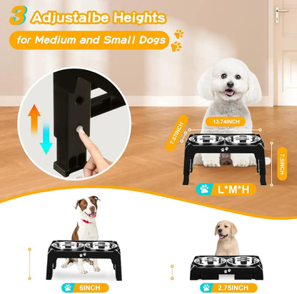 Adjustable Height Elevated Dog Bowls for Small Medium Dogs, 3-Level Stand with 2 Stainless Steel Bowls, Non-Slip Feeder in Black