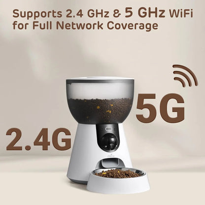 Smart Automatic Pet Feeder with 160° Camera, 5G WiFi, 2K HD, Motion Detection, Voice Interaction & Night Vision
